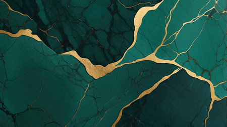 Luxurious dark green marble background featuring intricate gold veins running across the surface. The marble exhibits a deep, rich texture with natural patterns enhanced by the metallic gold accents. The overall aesthetic is elegant and sophisticated, suitable for branding, invitations, and social media design. The composition allows for ample text space, enhancing its utility for various graphic design purposes. The contrast between the dark green and gold adds an opulent touch, making it visually striking and appealing for upscale projects.の素材