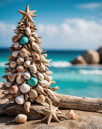 Christmas tree made of seashells on the sandy beach by the seaの素材