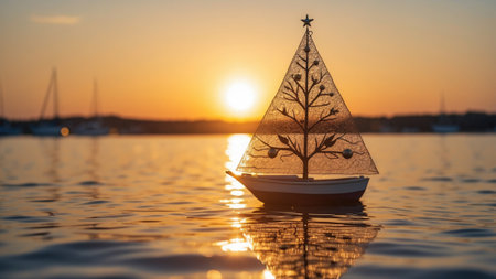 Christmas tree in the shape of a sailboat on the water at sunsetの素材