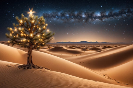Christmas tree in the desert with starry sky and sand dunesの素材