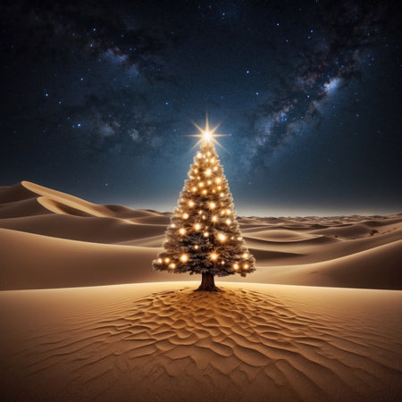 Christmas tree in the desert with starry sky. 3d renderingの素材