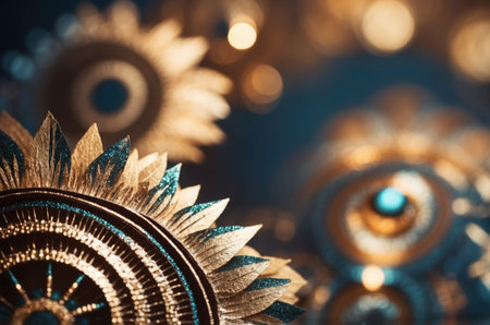 Close-up of golden mandala on bokeh background.の素材