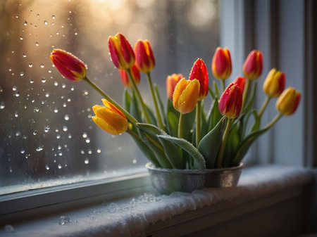 Bouquet of tulips on the windowsill. Spring backgroundの素材