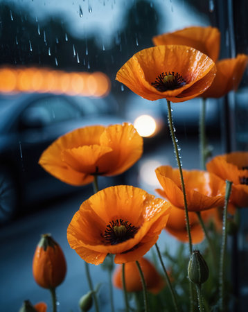 Poppies in the rain on the background of the car.の素材