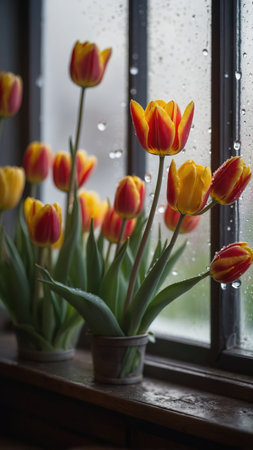 Tulips in a vase on the windowsill with raindropsの素材