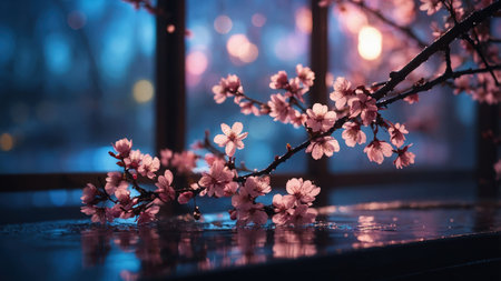 cherry blossom on a window sill at night with bokehの素材