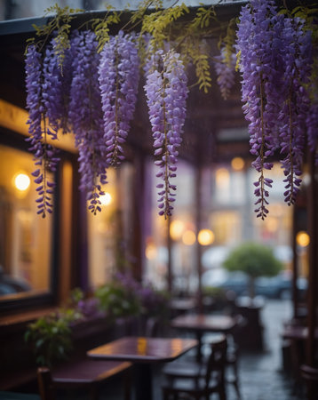 Wisteria flowers in a restaurant in Paris, France, Europeの素材