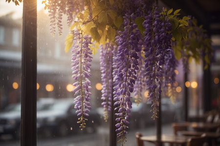 Wisteria flowers in the city at sunset. Beautiful natural background.の素材
