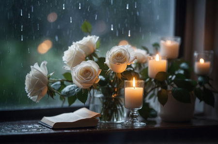 Bouquet of white roses and candles on the windowsill in the rainの素材