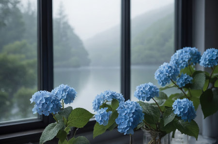 Blue hydrangea flowers in vase on window sill.の素材