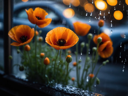 Orange poppies in the rain with bokeh background.の素材