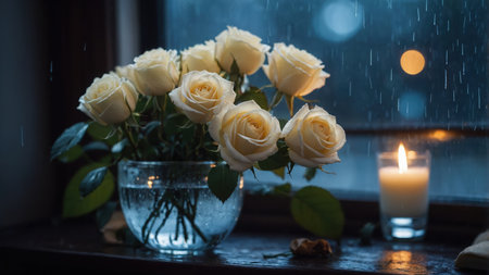 Bouquet of white roses in a glass vase on a windowsill in the rainの素材