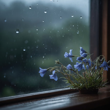 Bouquet of blue flowers on a window sill with raindropsの素材