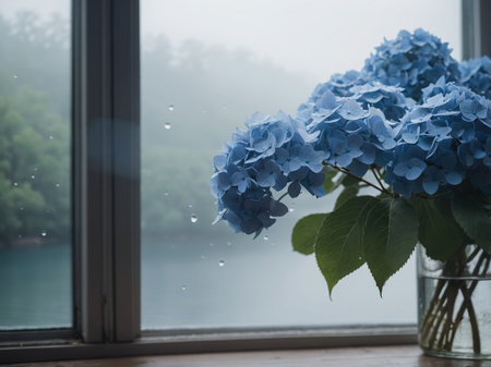 blue hydrangea in a vase on the windowsillの素材