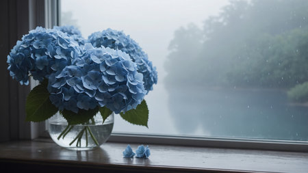 Blue hydrangea in a vase on the windowsillの素材