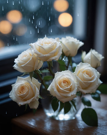 White roses in a vase on the windowsill in the rainの素材