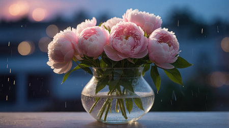 Bouquet of pink peonies in a glass vase on a wooden table.の素材