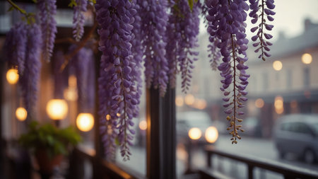 Wisteria flowers in Paris, France. Beautiful purple flowers in Paris.の素材
