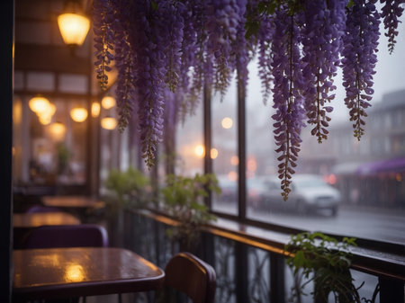 Wisteria flowers in a cafe in Paris, France at nightの素材