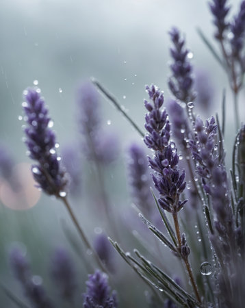 Water droplets on lavender flowers in a foggy morning.の素材