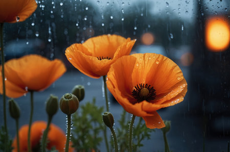 Beautiful orange poppies with rain drops in the background.の素材