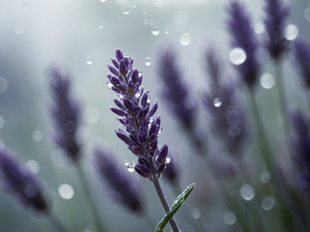 Lavender flowers with drops of dew in the morning.の素材