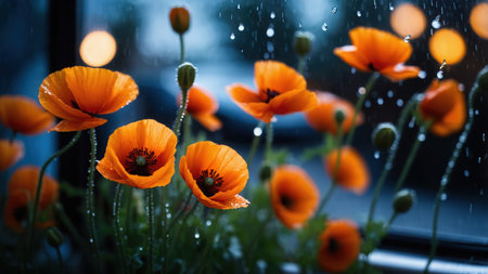 Red poppies with raindrops on the window in rainy dayの素材