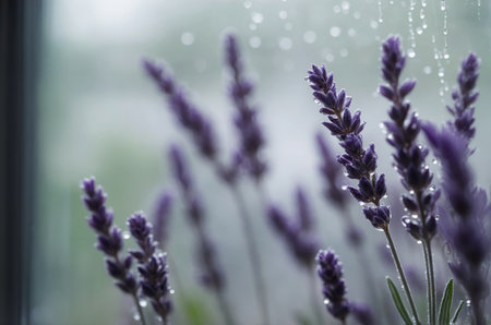 Lavender flowers in the garden with raindrops on the petalsの素材