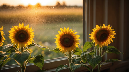 Sunflowers on the windowsill in the rays of the setting sunの素材