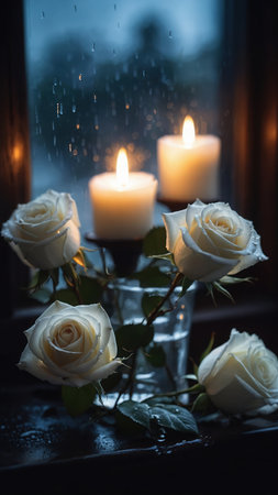 White roses and burning candles on the windowsill in the rain.の素材