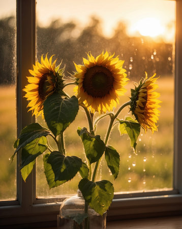 Sunflowers on the windowsill at sunset in the summer.の素材