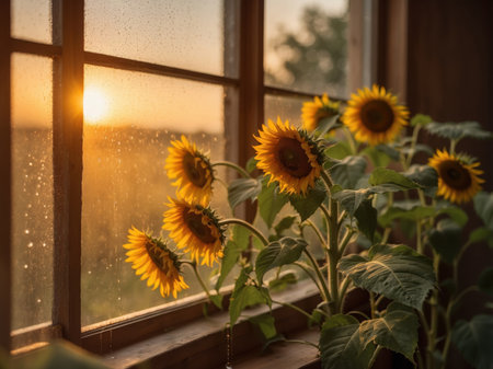 Sunflowers on the windowsill in the village at sunset.の素材