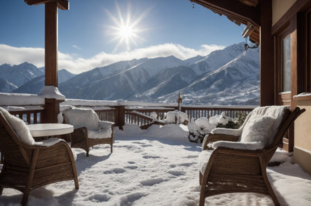 Beautiful winter landscape with snow-covered mountains and wooden terraceの素材