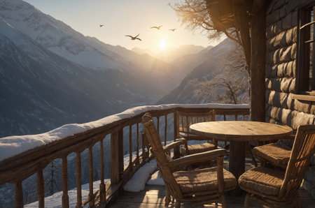 Wooden terrace with table and chairs in the mountains at sunsetの素材