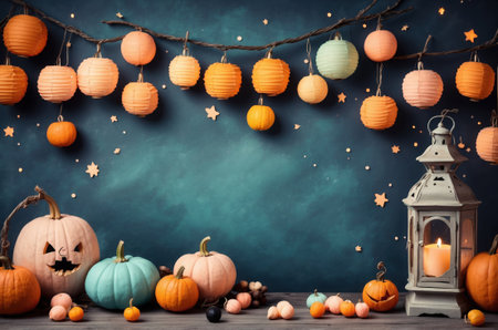 Halloween decoration with pumpkins, candies and lantern on blue backgroundの素材
