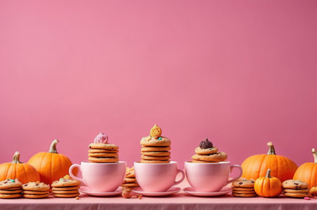 pumpkin and chocolate cookies in pink cups on pink background with copy spaceの素材