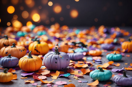 Halloween background with pumpkins and confetti. Selective focusの素材