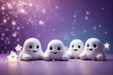 Halloween background with white ghosts and stars on purple background with copy spaceの素材