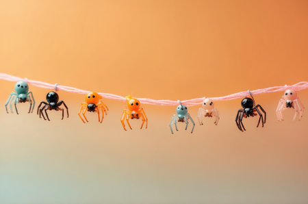 Cute little black and orange spiders hanging on a string on an orange backgroundの素材