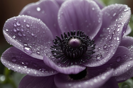 Purple anemone flower with water drops on petals.の素材
