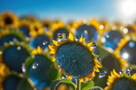 Sunflower field with dew drops on the petals. Selective focus.の素材
