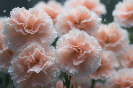 Close up of pink carnation flower with rain drops after rain.の素材