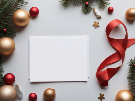 Christmas greeting card mockup with red ribbon on white background. Top view, flat layの素材