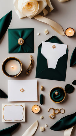 Wedding invitation card mockup. Flat lay, top view.の素材