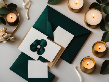 top view of green envelopes, candles and flowers on white backgroundの素材