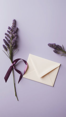 Lavender flowers and envelope on purple background. Top view.の素材