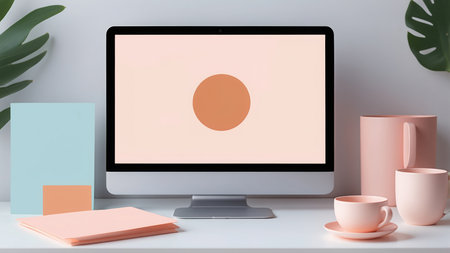 Close up of modern workplace with blank screen computer laptop, coffee cup and stationery items. Mock upの素材