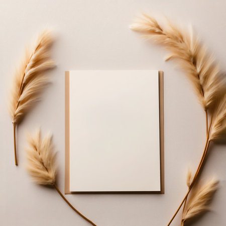 Blank paper card mockup with dry grass on pastel background.の素材