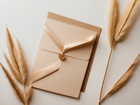top view of envelope with golden bow and dry grass on white backgroundの素材