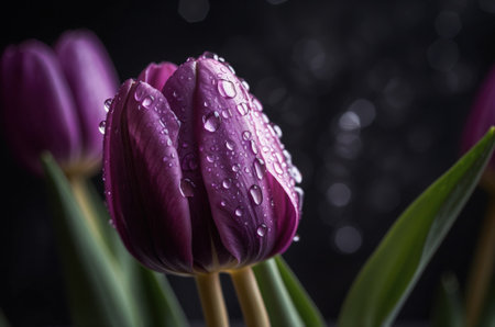 Beautiful purple tulips with water drops on black background, closeupの素材